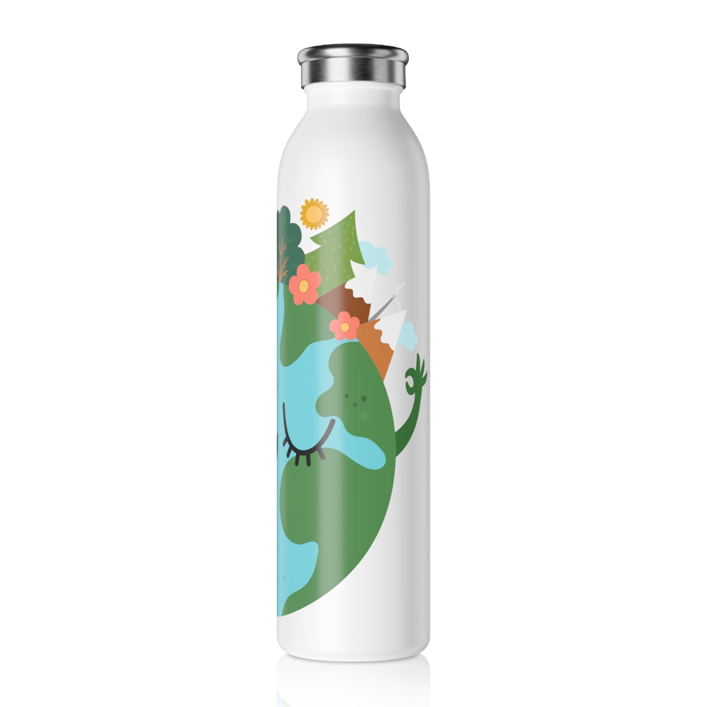 Eco-Friendly Slim Water Bottle with Happy Earth Design - Perfect for Nature Lovers