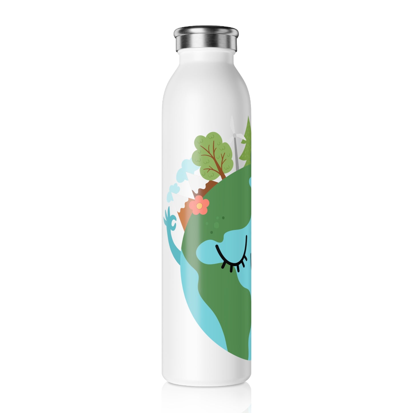 Eco-Friendly Slim Water Bottle with Happy Earth Design - Perfect for Nature Lovers